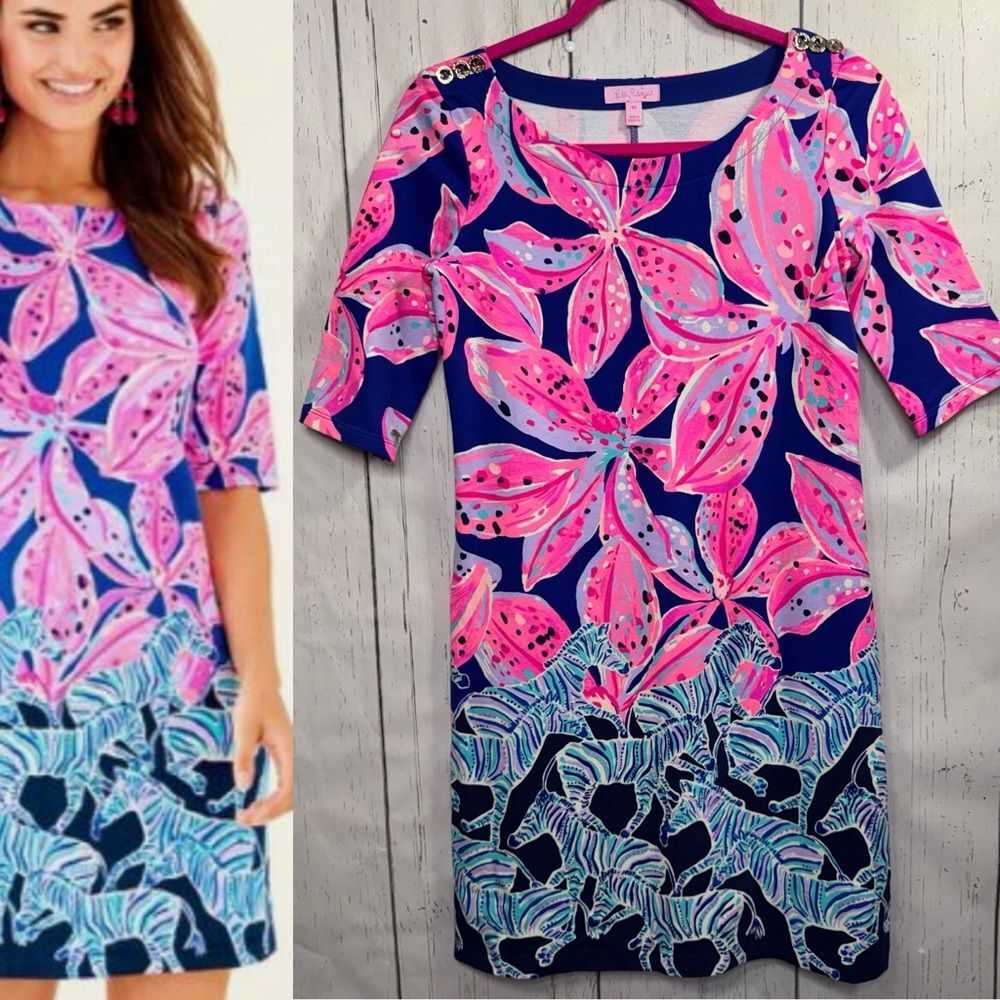 Lilly Pulitzer Zebra Print Shift Dress XS Preppy Coastal Tropical Resortwear